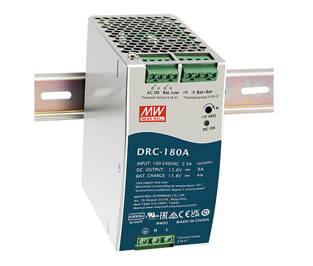 DRC-180, 180W DIN-skinne med batterioplader (UPS-funktion) fra MEAN WELL. Forhandler er Power Technic. Ring 70 208 210 for mere information.