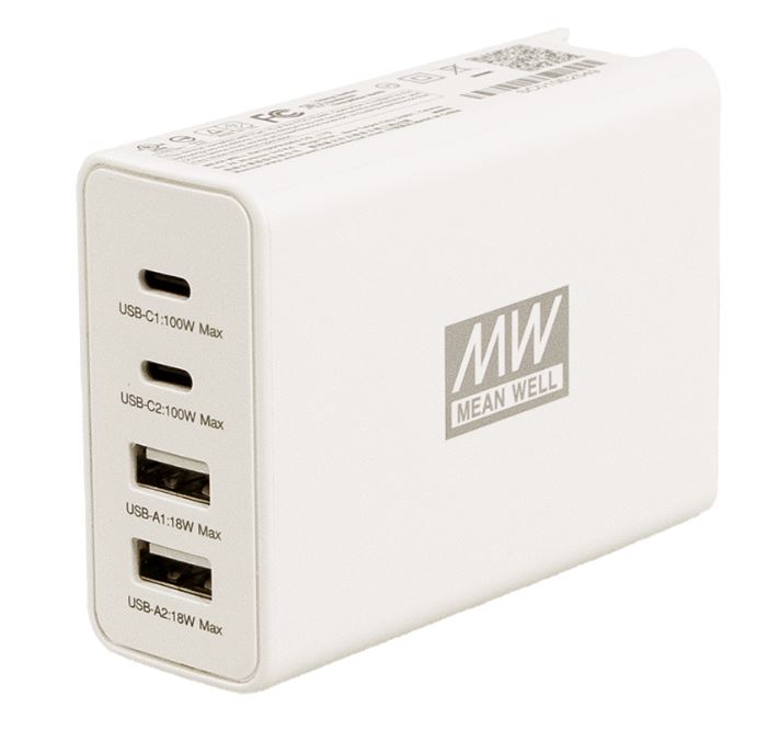 NGE100 adapter 2 C-porte og 2 A-porte, med 6 stik, 100W 4-port USB GaN globalt certificeret adapter fra MEAN WELL. Forhandler er Power Technic. Ring 70 208 210 for mere information.