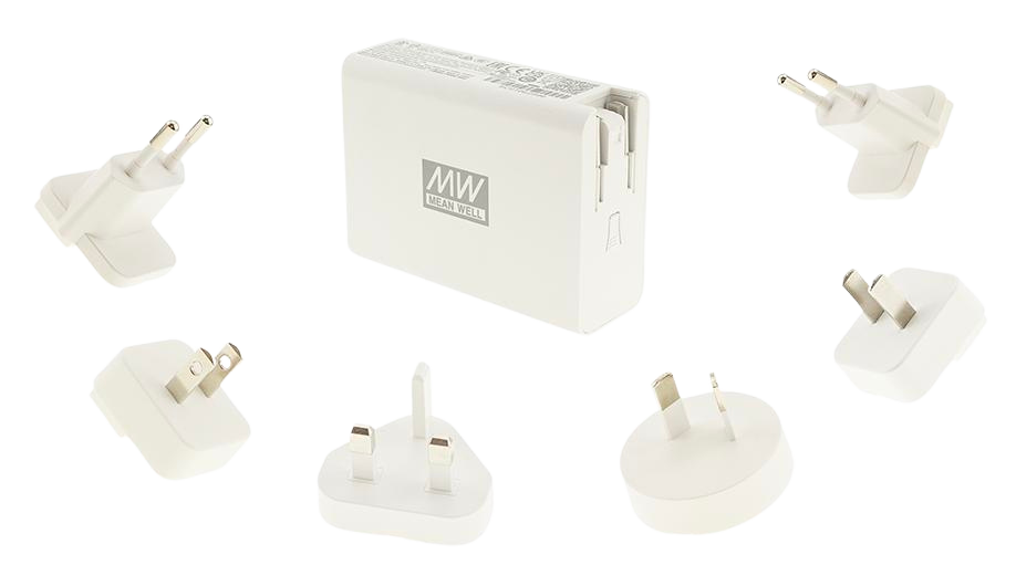 NGE100 adapteren med 6 stik, 100W 4-port USB GaN globalt certificeret adapter fra MEAN WELL. Forhandler er Power Technic. Ring 70 208 210 for mere information.