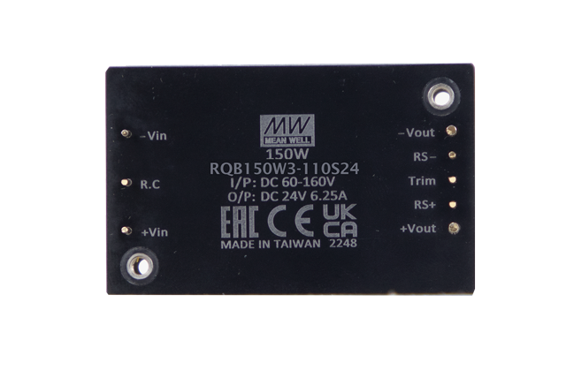 RQB150W3 bund, 150W Quater-brick kompakt DC/DC-konverter, fra MEAN WELL. Forhandler er Power Technic. Ring 70 208 210 for mere information.