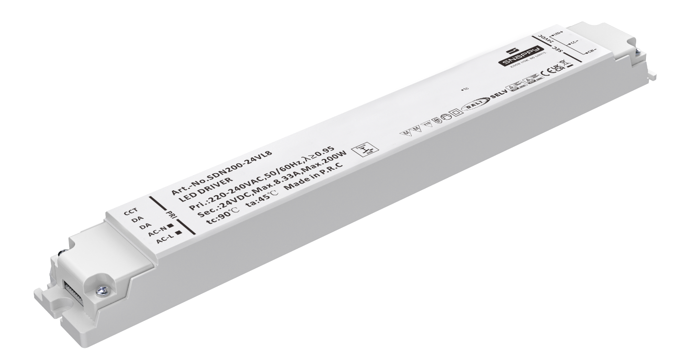 SDN200-VL6, 200 - 240W LED-driver med DALI 2, DT6, DT8 eller PUSH-dæmp, fra MEAN WELL. Forhandler er Power Technic. Ring 70 208 210 for mere information.